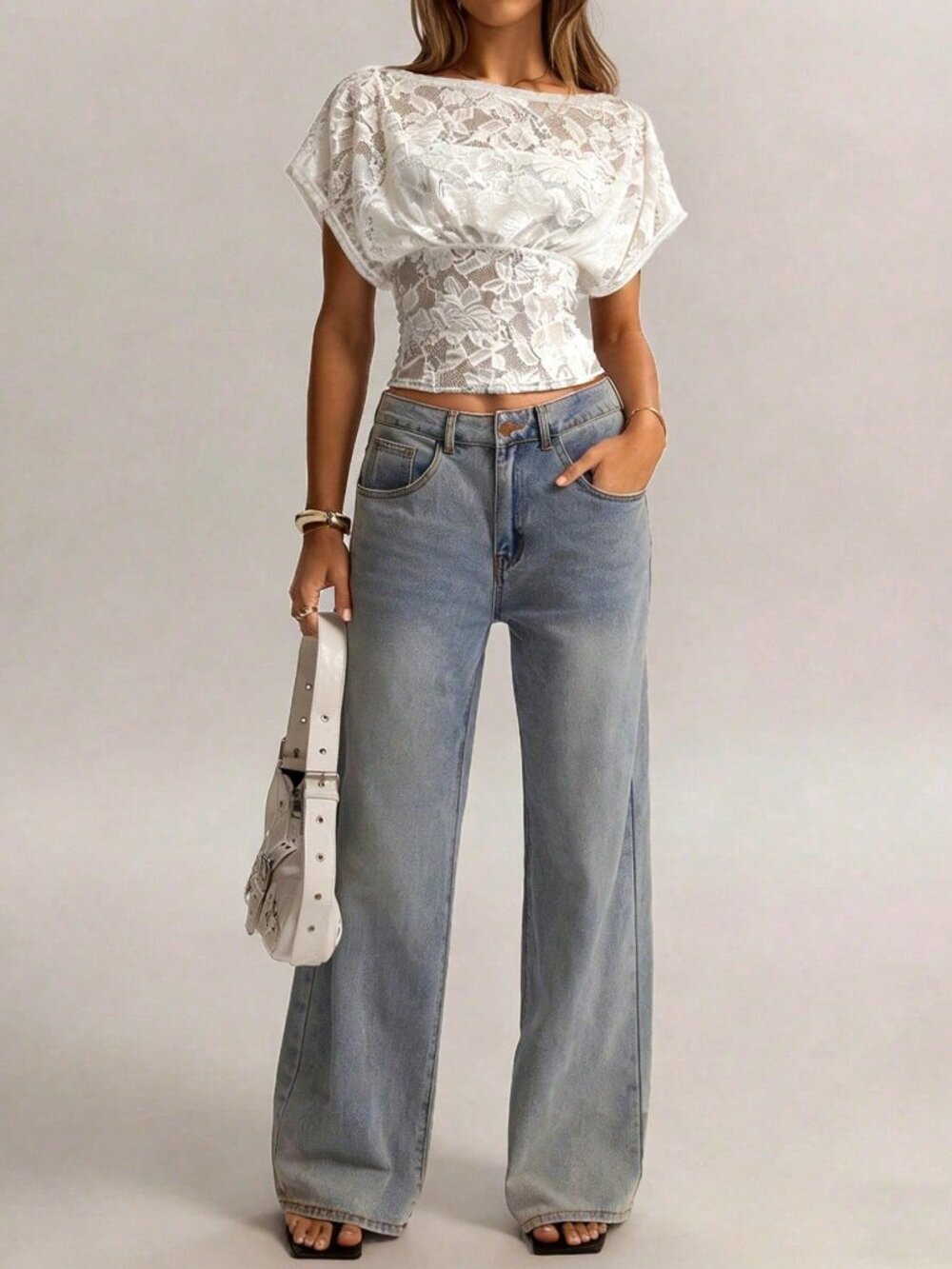 White Elegant Women's Lace T-Shirt Waist Top with Collar and Epaulet Sleeves - Picture 3 of 5